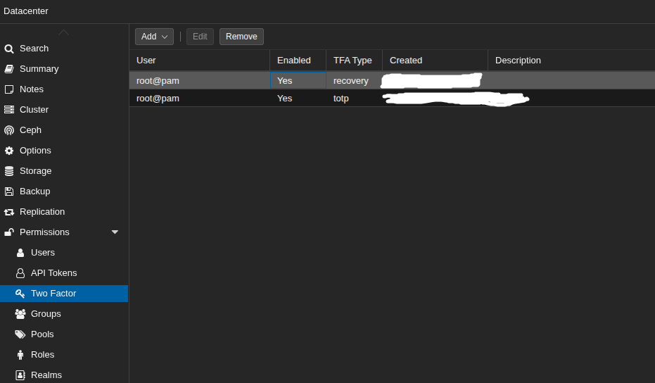 proxmox datacenter two-factor section showing two entries