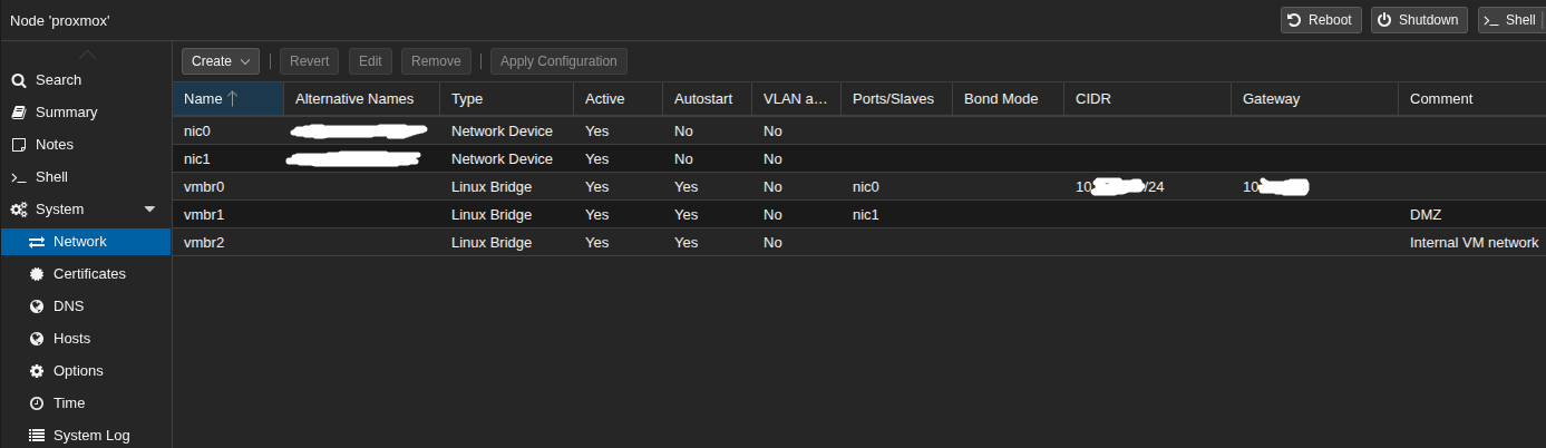 proxmox node network section showing all active interfaces