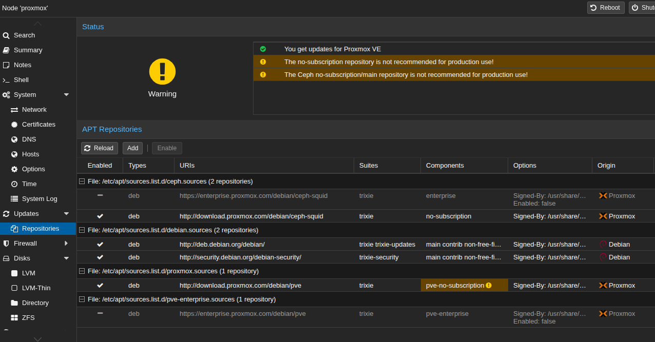 proxmox apt repository section showing non-enterprise repositories